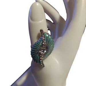 Ring Adjustable Leaf Turquoise Enamel with Rhinestones 1"